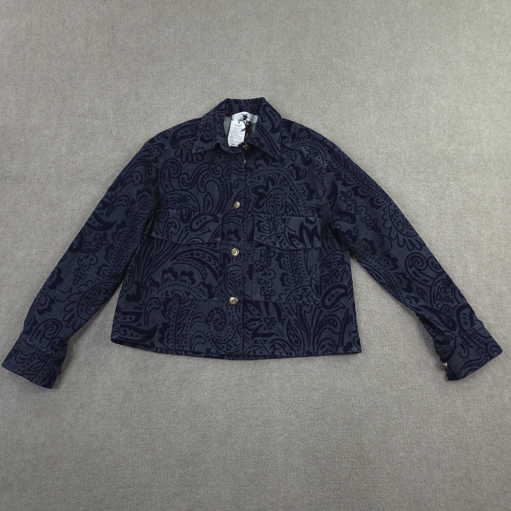 Shaft Jacket Womens XS Blue Denim Paisley Flock Collared Pockets Italy